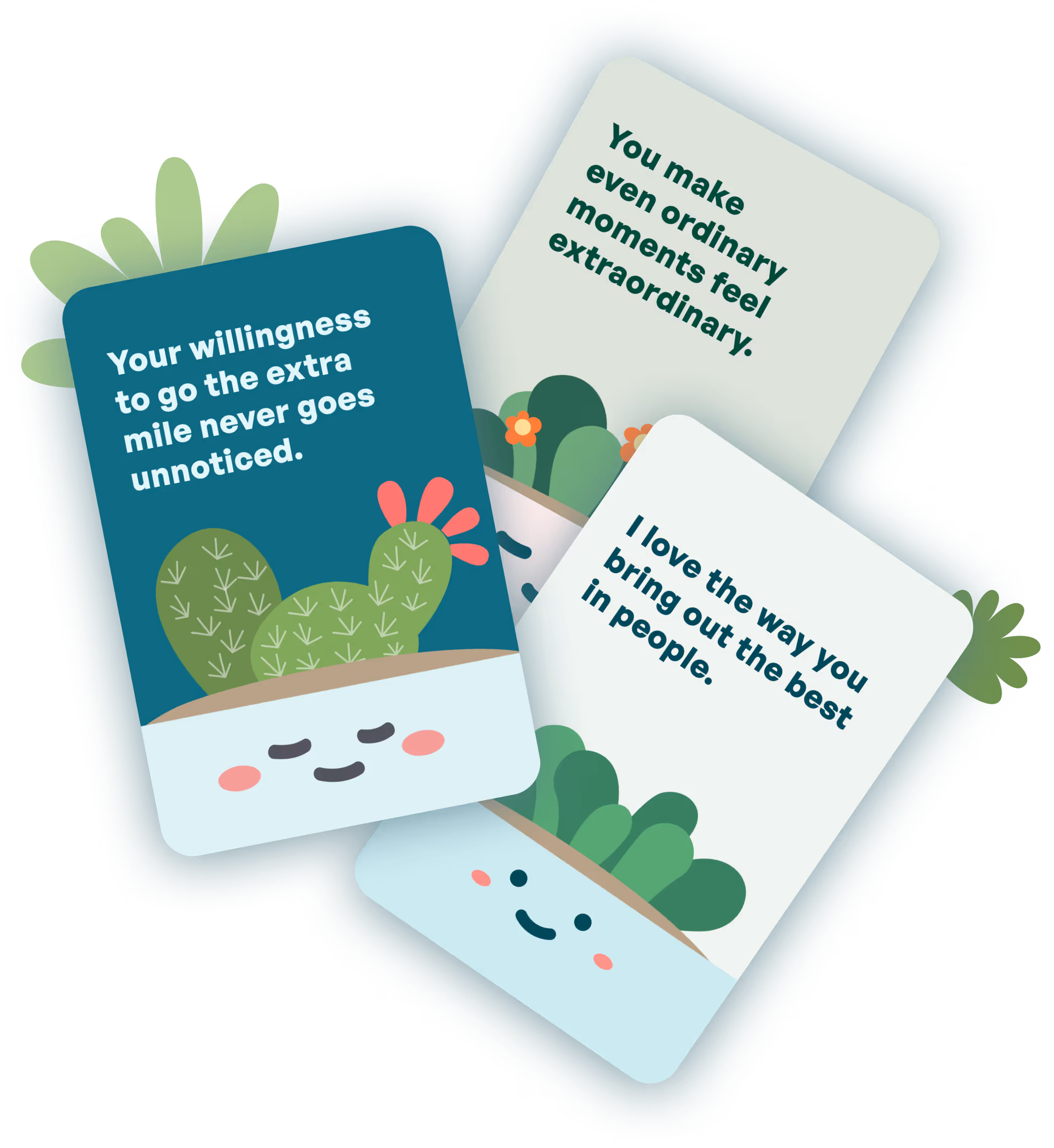 Three illustrated Flourish compliment cards with smiling plant pots and messages appreciating kindness, effort, and positivity.